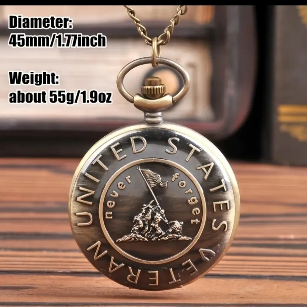 New mens veteran military pocket watch bronze with chain necklace